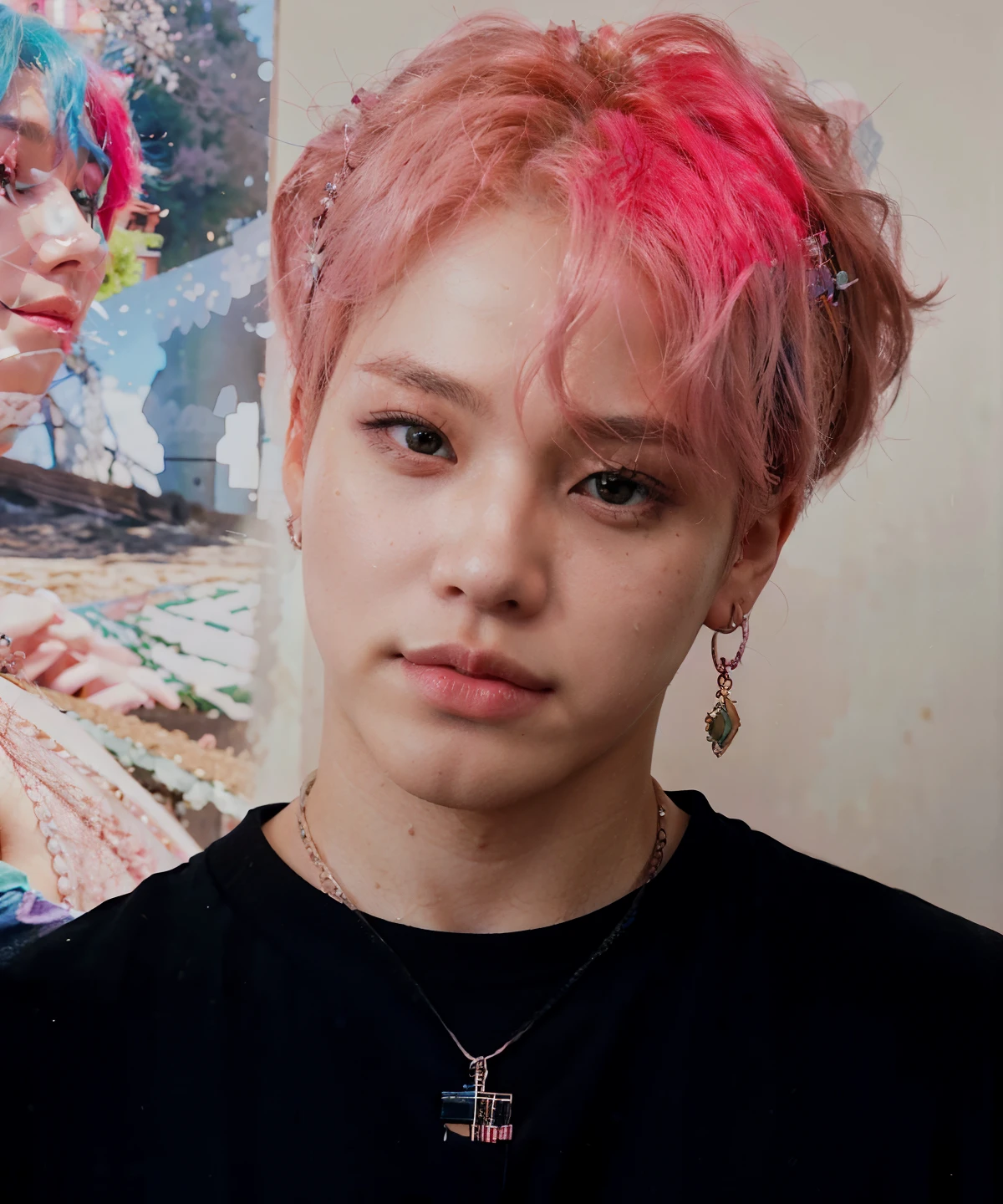 a close up of a person with a pink hair and a cross necklace, park jimin, jimin\'s plump lips, accurate jimin face, jimin, jimin\'s right eyelid swollen, jimin\'s grecian nose, portrait of jossi of blackpink, hyung tae, with pink hair, taejune kim, with same hairstyle, portrait of kpop idol