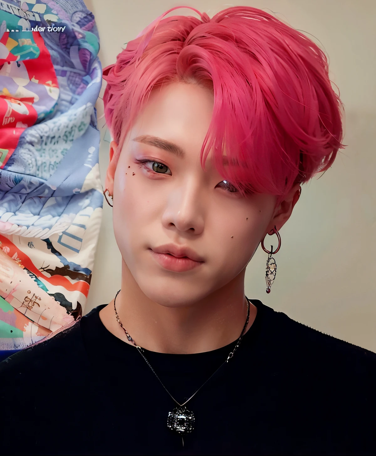 a close up of a person with a pink hair and a cross necklace, park jimin, jimin\'s plump lips, accurate jimin face, jimin, jimin\'s right eyelid swollen, jimin\'s grecian nose, portrait of jossi of blackpink, hyung tae, with pink hair, taejune kim, with same hairstyle, portrait of kpop idol