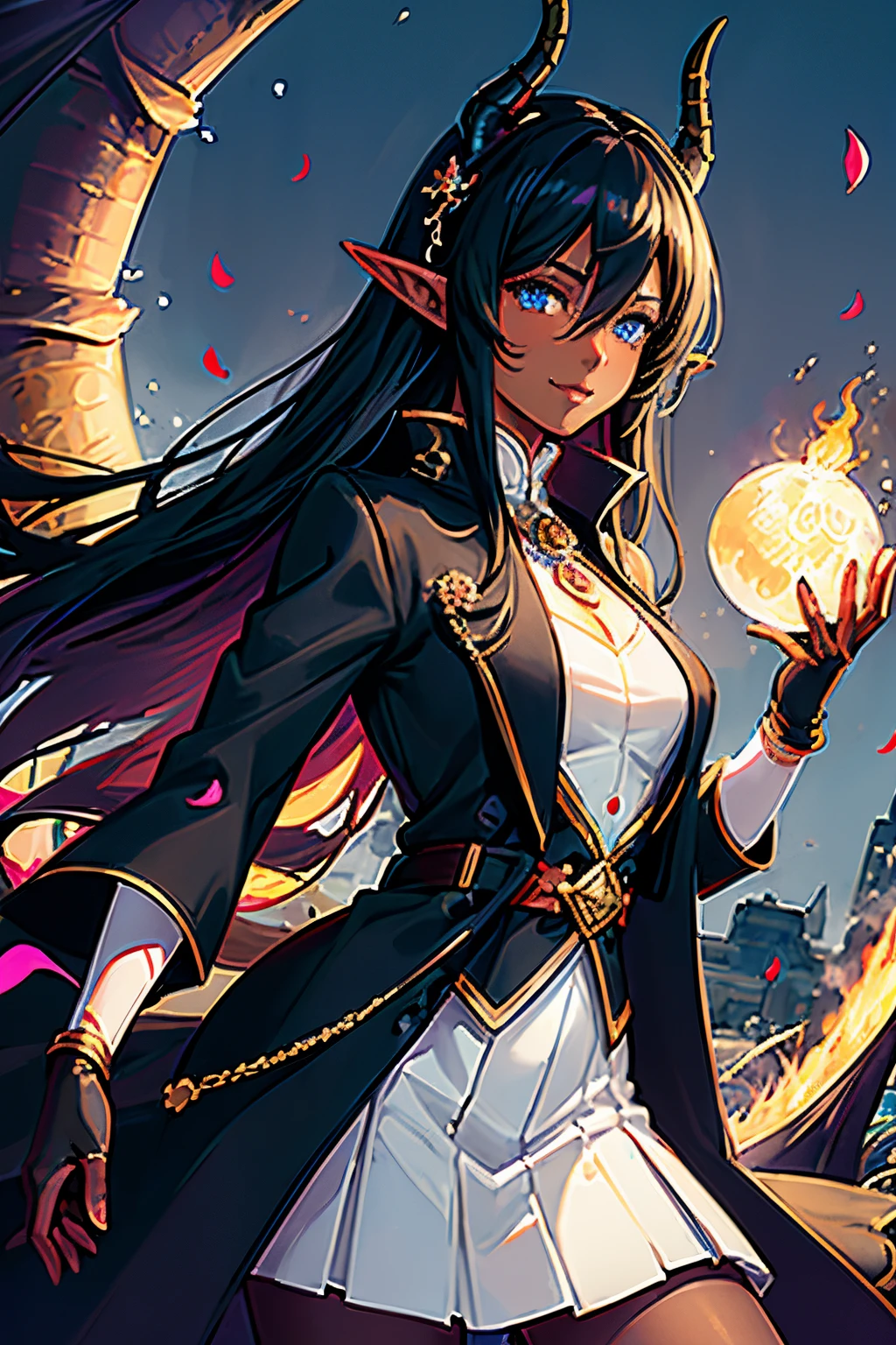 masterpiece, best quality,
1girl, (colorful),(finely detailed beautiful eyes and detailed face),cinematic lighting,bust shot,extremely detailed CG unity 8k wallpaper,white hair,solo,smile,intricate skirt,((flying petal)),(Flowery meadow)
sky, cloudy_sky, building, moonlight, moon, night, (dark theme:1.3), light, fantasy, ((Dark Skin)) ((Blue Eyes)) ((Elf Ears)) (((Black Overcoat))) (((Dragon Girl))) Lairei, Lord of Heroes, (((Fire Magic))) (((Black Hair))) Best Res, High Res, Absurd Res