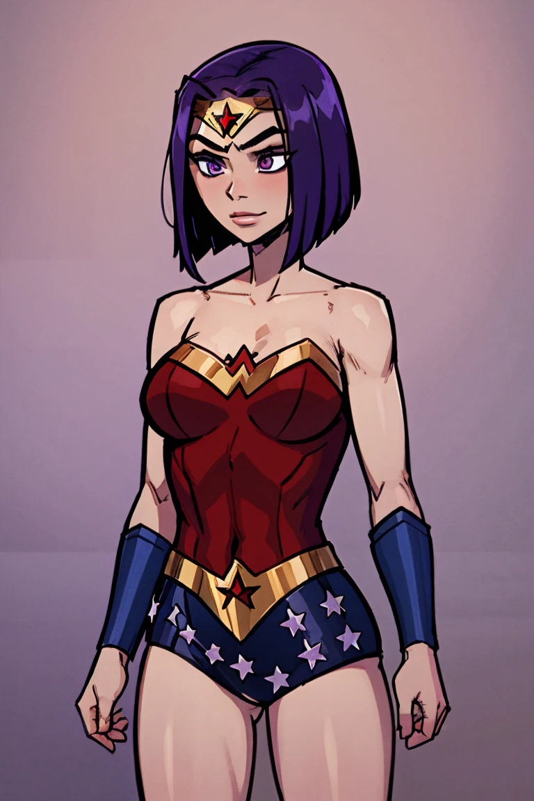 Raven wearing wonder woman costume, RavenTT, short hair, purple eyes, red jewel in forehead, wearing wonderwoman costume