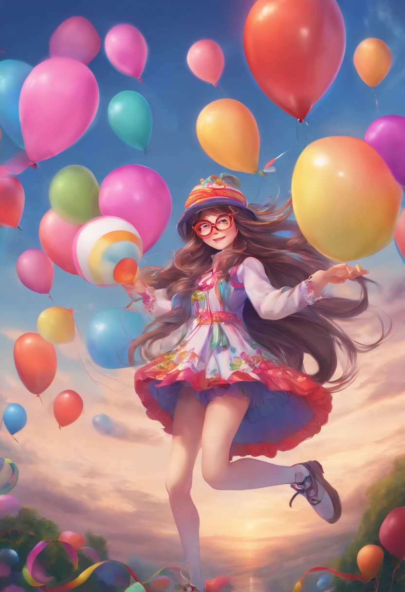 A photo of the character juggling colorful balloons in a whimsical costume,original,Anime merch, beanie, glasses, long hair with neon streaks, no makeup