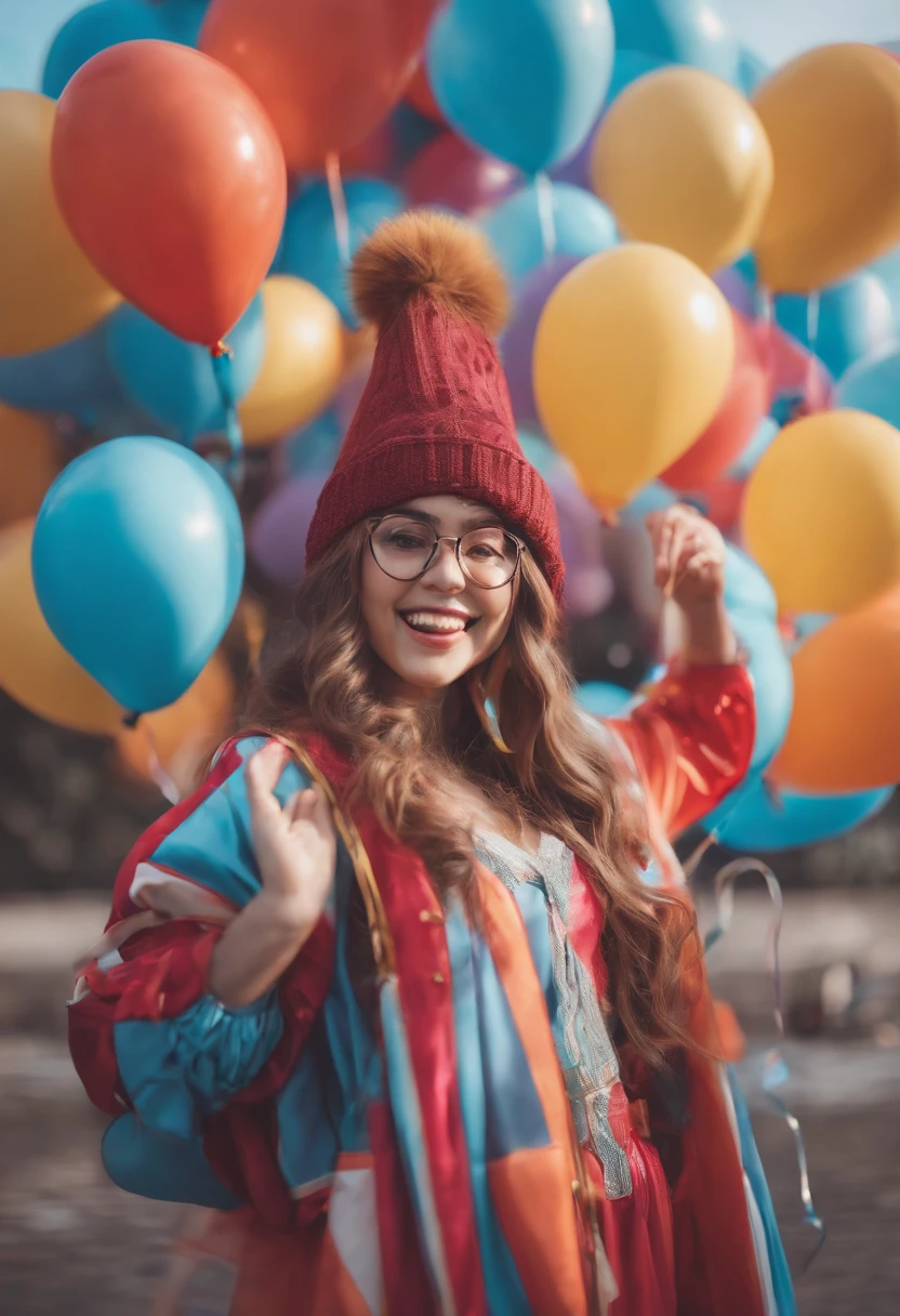 A photo of the character juggling colorful balloons in a whimsical costume,original,Anime merch, beanie, glasses, long hair with neon streaks, no makeup