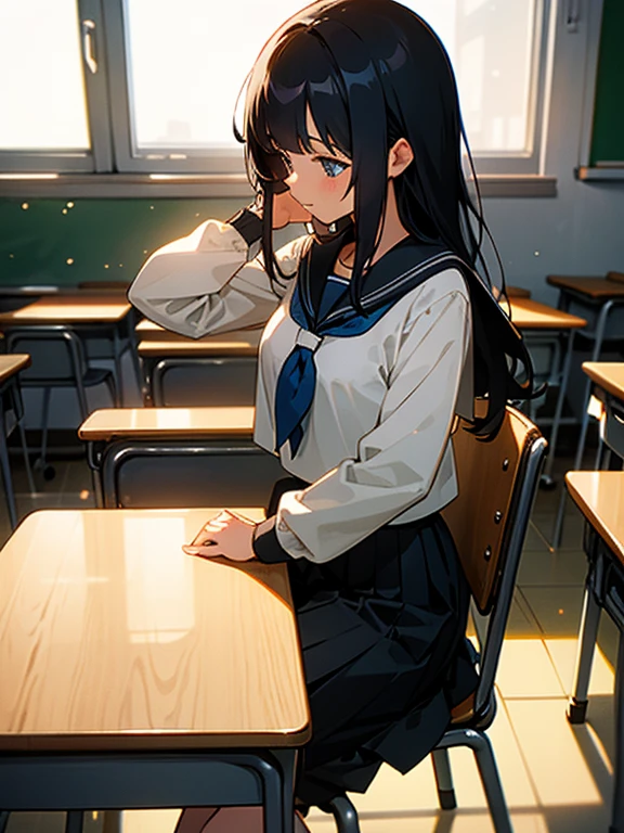 Best quality, (background is a school classroom), 1 girl, sitting on a school chair, the girl is looking at the window: 1.3, (the girl is gazing outside from the classroom window), (classroom scene: 1.3), (During class:1.3),black long-sleeved sailor uniform, black pleated skirt, black hair, long hair, young girl, school desk, hand up, elbows on the table, cinematic lighting,looking away