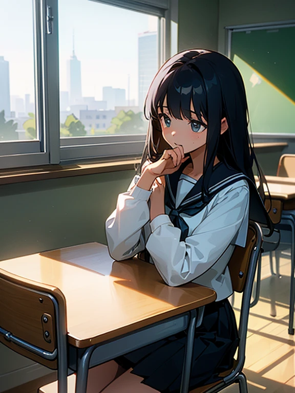 Best quality, (background is a school classroom), 1 girl, sitting on a school chair, the girl is looking at the window: 1.3, (the girl is gazing outside from the classroom window), (classroom scene: 1.3), (During class:1.3),black long-sleeved sailor uniform, black pleated skirt, black hair, long hair, young girl, school desk, hand up, elbows on the table, cinematic lighting,looking away