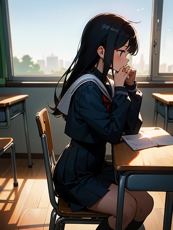 Best quality, (background is a school classroom), 1 girl, sitting on a school chair, the girl is looking at the window: 1.3, (the girl is gazing outside from the classroom window), (classroom scene: 1.3), (During class:1.3),black long-sleeved sailor uniform, black pleated skirt, black hair, long hair, young girl, school desk, hand up, elbows on the table, cinematic lighting,looking away