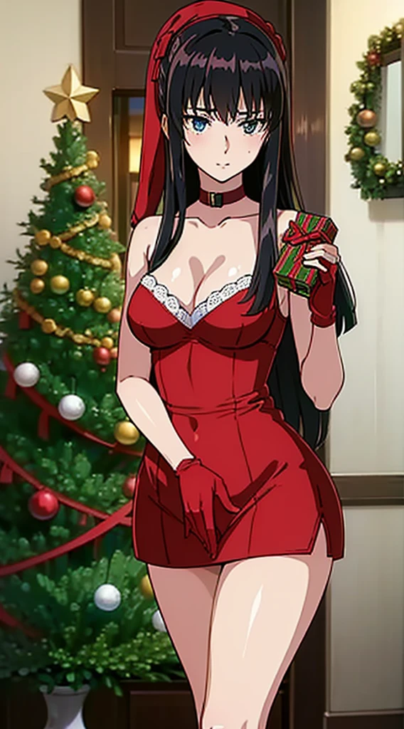 masterpiece, best quality, 1 solo girl, black hair, blue eyes, long hair, wavy hair, Christmas ornaments, medium breasts, mature body and face, red christmas dress, christmas, christmas light, christmas tree, red gloves, red santa skirt, holding gift, red bra, red panty, leg up, cowboy shots, sexy pose, dakimakura, detailed body, face, and eyes, sharp focus, vibrant, creative, dynamic, high definition, high resolution, 8k, (Upscale: R-ESRGAN 4x+ Anime6B), (Image enchance:4x), voluptuous body