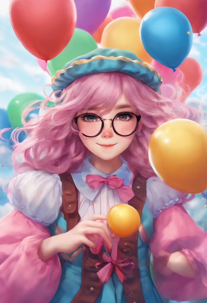 A photo of the character juggling colorful balloons in a whimsical costume,original,Anime merch, beanie, glasses, long hair with neon streaks, no makeup