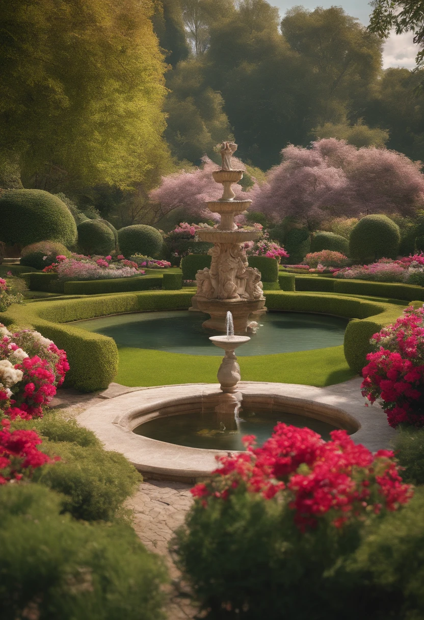 8K、An ultra-high picture quality、Ultra-realistic details、masutepiece、(italian garden、The fountain、Beautiful flowers are blooming)、Professional photographer photography、Raw photography、