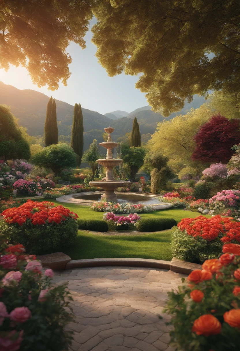 8K、An ultra-high picture quality、Ultra-realistic details、masutepiece、(german garden、The fountain、Beautiful flowers are blooming)、Professional photographer photography、Raw photography、