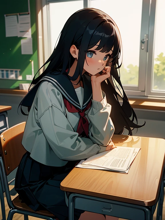 Best quality, (background is a school classroom), 1 girl, sitting on a school chair, the girl is looking at the window: 1.3, (the girl is gazing outside from the classroom window), (classroom scene: 1.3), (During class:1.3),black long-sleeved sailor uniform, black pleated skirt, black hair, long hair, young girl, school desk, hand up, elbows on the table, cinematic lighting