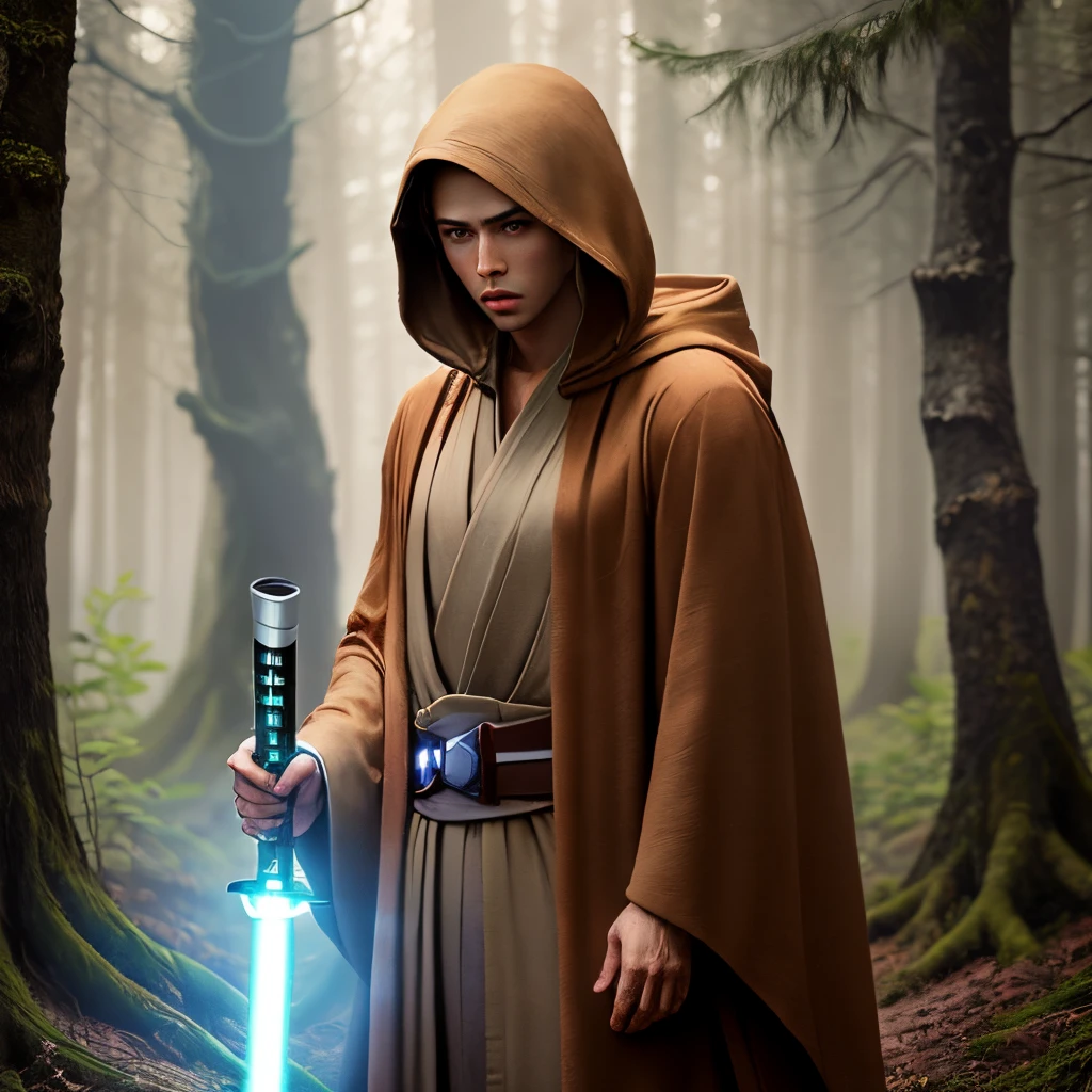 A lone Jedi. In a Forrest. With a green lightsaber.  Give him a brown robe with the hood up