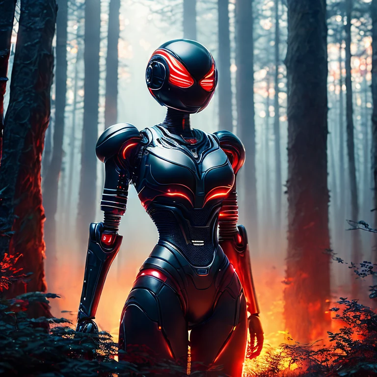 Ultra-professional cinematic landscape photo of a giant female android (EDI), blackboard atmosphere, Kinematic, global ilumination, colores apagados, Disparo oscuro, colores apagados, film grainy, lut, detalles locos, Detalles intrincados, hiper detallado, twilights, bright alien panoramic background and detailed forest by Wadim Kashin 8k, Ultra warm red and black colors