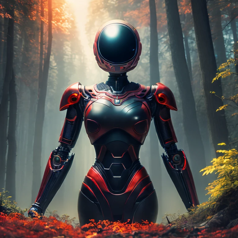 Ultra-professional cinematic landscape photo of a giant female android (EDI), blackboard atmosphere, Kinematic, global ilumination, colores apagados, Disparo oscuro, colores apagados, film grainy, lut, detalles locos, Detalles intrincados, hiper detallado, twilights, bright alien panoramic background and detailed forest by Wadim Kashin 8k, Ultra warm red and black colors