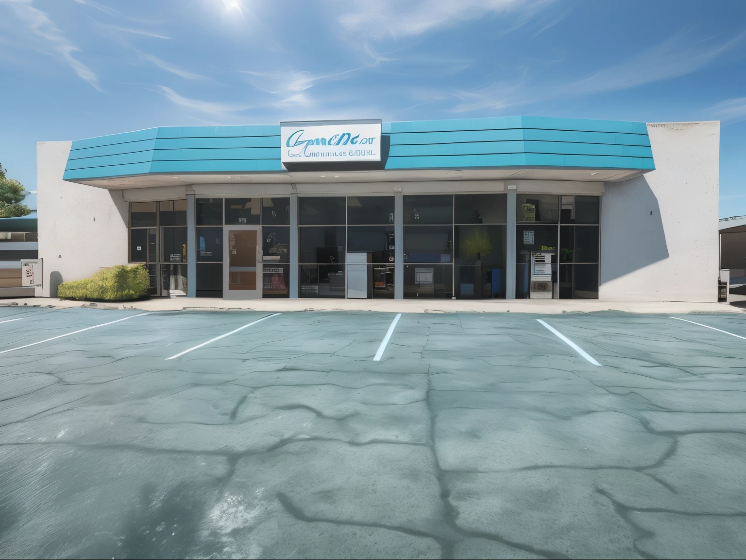 Estacionamiento, asfaltado con techo azul, sunny day, good lighting during the day, Plano amplio exterior, foto frontal, Foto oficial de la tienda, tienda del centro comercial cerrada, hi-res photo, Tienda, foto comercial, Gran angular exterior 2022, Nitido, UHD, 8K, summer day