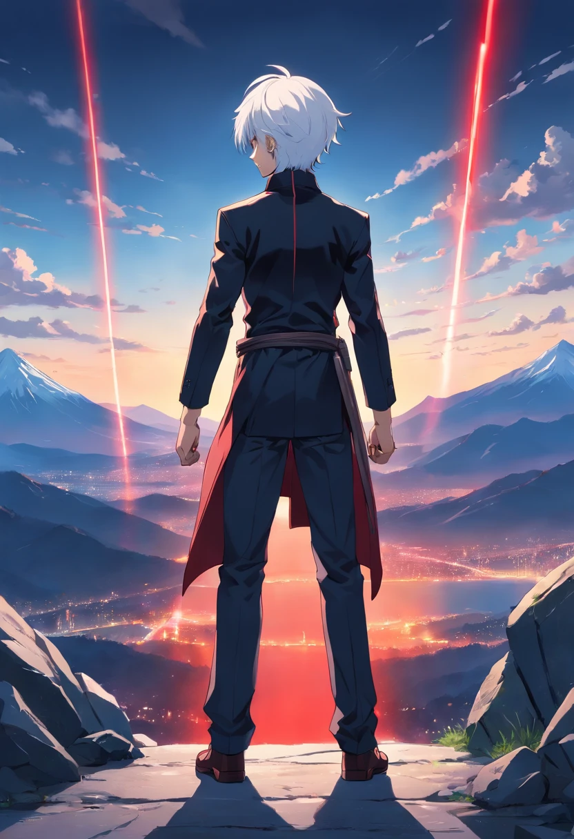 Very tall boys, white skinned, Medium white hair combed back, red eyes, Black assassin suit,hyper HD,8K,Better quality,mountain background,Ultra-detailed art,Perfect silhouette