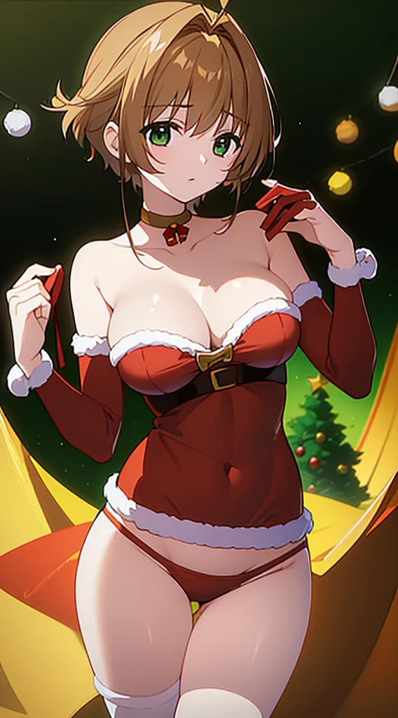 masterpiece, best quality, 1 solo girl, browm hair, green eyes, short hair, wavy hair, Christmas ornaments, medium breasts, mature body and face, red christmas dress, christmas, christmas light, christmas tree, red gloves, red santa skirt, holding gift, red bra, red panty, leg up, cowboy shots, sexy pose, dakimakura, detailed body, face, and eyes, sharp focus, vibrant, creative, dynamic, high definition, high resolution, 8k, (Upscale: R-ESRGAN 4x+ Anime6B), (Image enchance:4x), voluptuous body