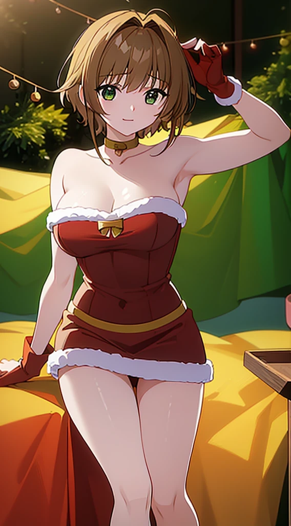 masterpiece, best quality, 1 solo girl, browm hair, green eyes, short hair, wavy hair, Christmas ornaments, medium breasts, mature body and face, red christmas dress, christmas, christmas light, christmas tree, red gloves, red santa skirt, holding gift, red bra, red panty, leg up, cowboy shots, sexy pose, dakimakura, detailed body, face, and eyes, sharp focus, vibrant, creative, dynamic, high definition, high resolution, 8k, (Upscale: R-ESRGAN 4x+ Anime6B), (Image enchance:4x), voluptuous body