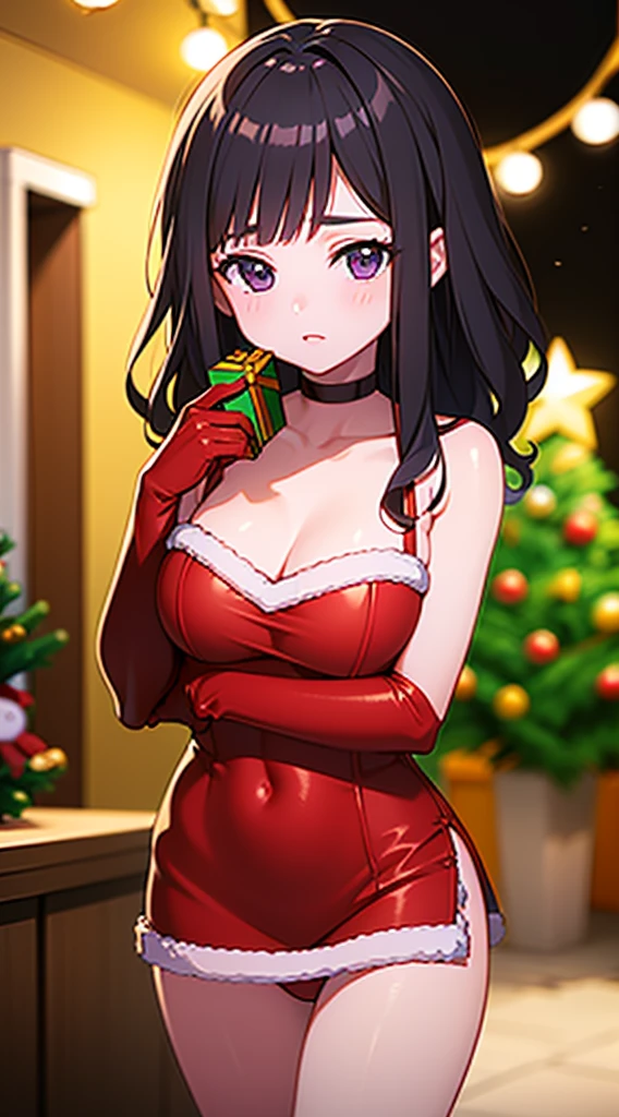 masterpiece, best quality, 1 solo girl, black hair, purple eyes, long hair, wavy hair, Christmas ornaments, medium breasts, mature body and face, red christmas dress, christmas, christmas light, christmas tree, red gloves, red santa skirt, holding gift, red bra, red panty, leg up, cowboy shots, sexy pose, dakimakura, detailed body, face, and eyes, sharp focus, vibrant, creative, dynamic, high definition, high resolution, 8k, (Upscale: R-ESRGAN 4x+ Anime6B), (Image enchance:4x), voluptuous body