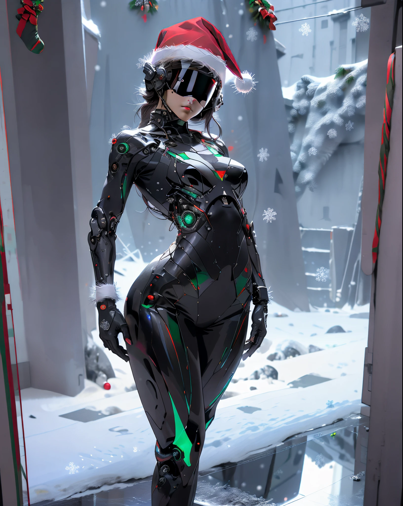 solo, Raw photo, realistic, masterpiece, best quality, high resolution, ultra detailed, official arts, 8K wallpaper, official wallpaper, 1girl, 1female, helmet, little clothing, tiny thong, short black and tight bodysuit, leather, (large breasts), neckline, thin waist, wide hips, night, moonlight, cybernetic motorcycle gloves, (unpacking clothes), innerboob, sensual pose, (a person in a cyberhelmet of the future), cyberhelmet, fantastic, cybernetic, reflections in dark glass and plastic, fullbody, lines of motion, buttom up top down, (curved), hyper detailed, neon lights, neon colors, cyberpunk, reflections, bright, sparks, detailed arms, detailed fingers, detailed bare legs, dark background, (tilted forward and down), seductive pose, sexy vision, fiber optic hair wires and electrical cables, ((christmas theme:1.5)), (snowing)
