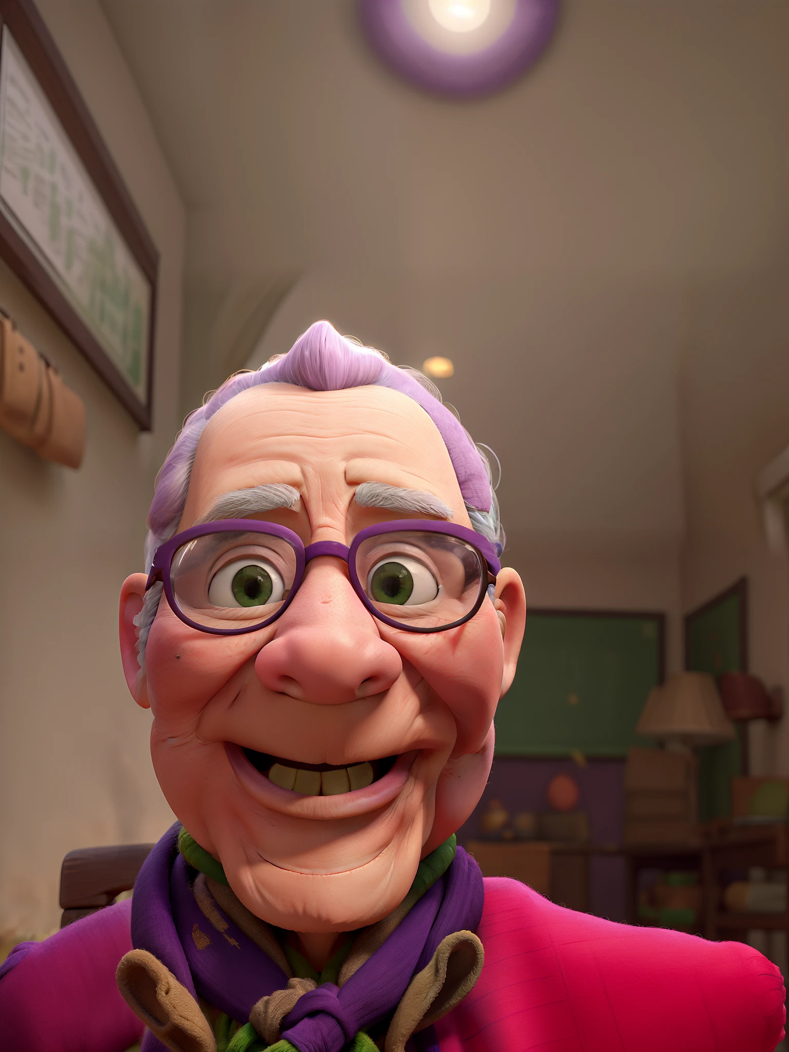 masterpiece, best quality, an old woman with glasses and a scarf on, wearing a purple coat and green scarf, standing at the park