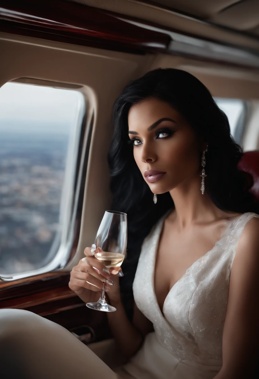 A photo of the character sitting in a private jet, sipping champagne and looking out the window at the skyline below.,original,She has long, ebony black hair with purple streaks and red tips, icy blue eyes "like limpid tears" (even when they've mysteriously turned red), and she only wears clothing from Hot Topic.