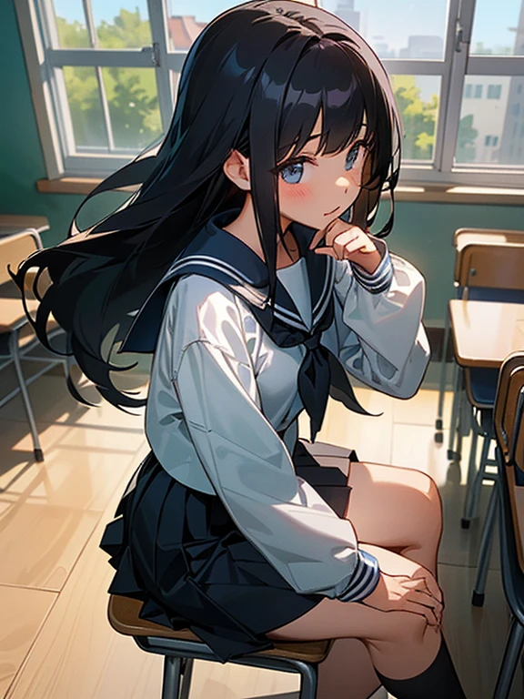 Best quality, (background is a school classroom), 1 girl, sitting on a school chair,((girl is looking at the window:1.3)), (girl is gazing outside from the classroom window), (classroom scene: 1.3), (During class:1.3),black long-sleeved sailor uniform, black pleated skirt, black hair, long hair, young girl, school desk, hand up, elbows on the table