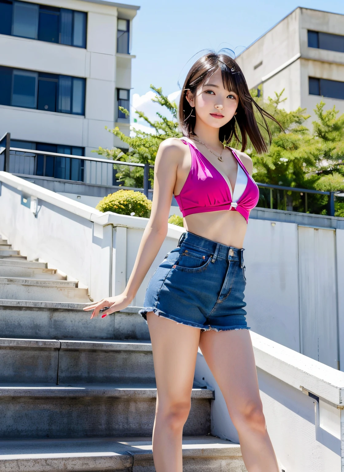 Japan Women's Professional Golfer Women、Short length tight skirt、On the roof of a building、20yr old，realisticlying，japanaese girl，Phenomenally cute、（de pele branca），，short-hair、(??????)、(skirt lift by yourself)(Show your ???)(Skirt flipping in the wind)(Skirt lift fluttering in the wind)??????????? about to burst、Short pants、shining legs、Glowing ?????、chubby figure、Pinkwear、Inviting eyes、Saori