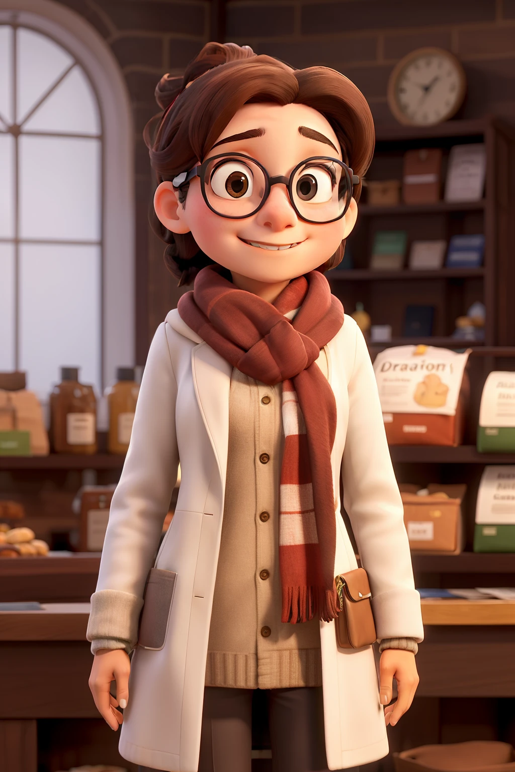 Obra-prima, de melhor qualidade, A girl with glasses and scarf, wearing a white coat and brown scarf, standing at the store counter