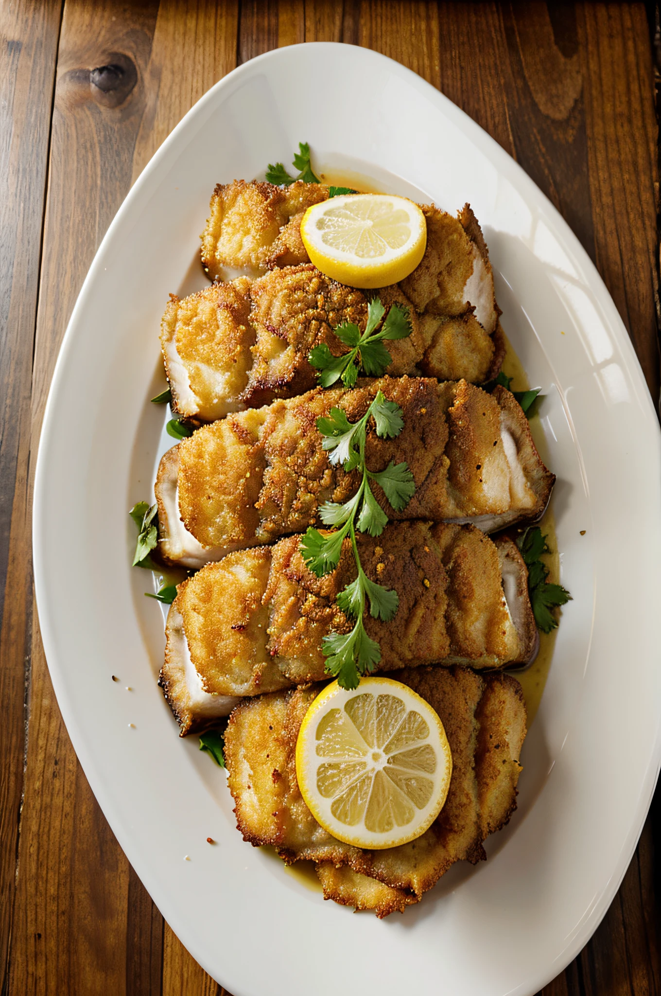 deep fried fish on a table in a plate with seasonings