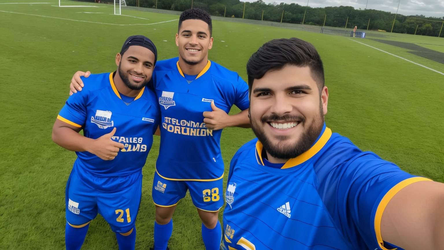 Three football players in blue uniforms on a grassy football field