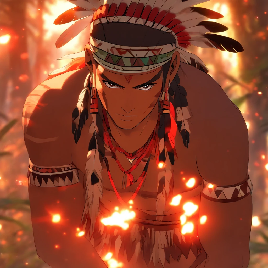 (((indigenous man))) best quality, very high resolution, detailed CG in 4K, masterpiece, white hair, red feathers, amazon brazil, rivers, indigenous people, indigenous tribes, indigenous city, forest, aesthetics, beautiful image, centered on screen, full body