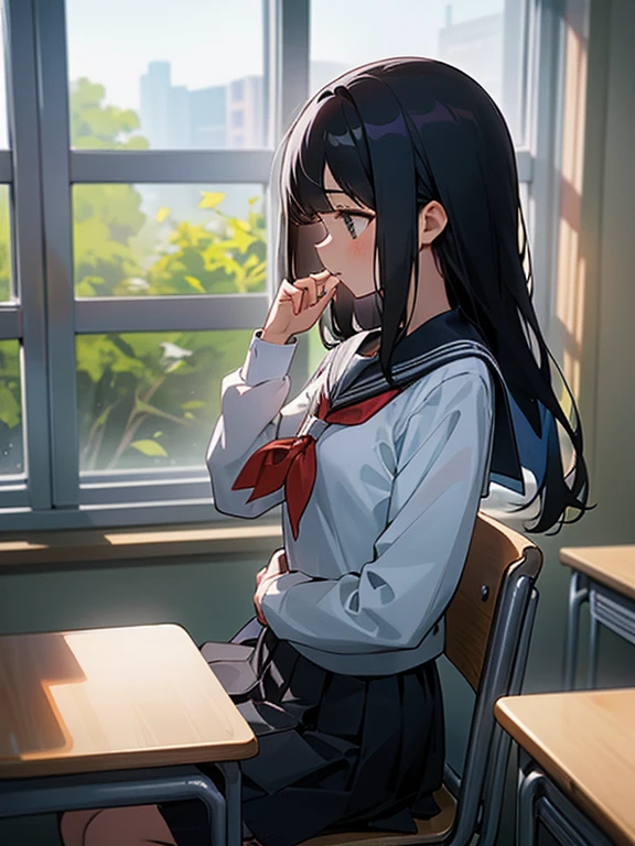 Best quality, (background is a school classroom), 1 girl, sitting on a school chair,((girl is looking at the window:1.3)), (girl is gazing outside from the classroom window), (classroom scene: 1.3), (During class:1.3),black long-sleeved sailor uniform, black pleated skirt, black hair, long hair, young girl, school desk, hand up, elbows on the table, cinematic lighting,looking away
