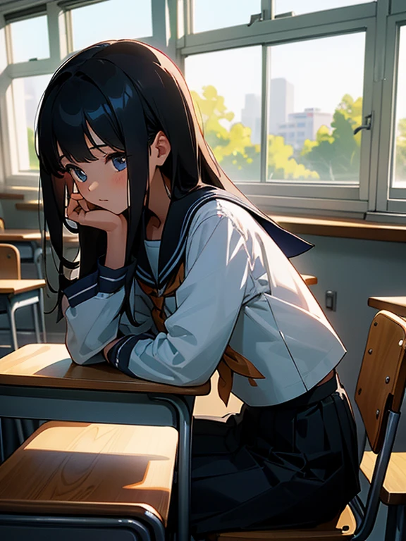Best quality, (background is a school classroom), 1 girl, sitting on a school chair,((girl is looking at the window:1.3)), (girl is gazing outside from the classroom window), (classroom scene: 1.3), (During class:1.3),black long-sleeved sailor uniform, black pleated skirt, black hair, long hair, young girl, school desk, hand up, elbows on the table, cinematic lighting,looking away
