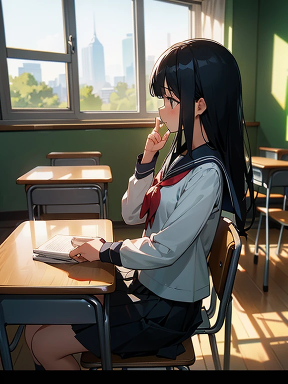 Best quality, (background is a school classroom), 1 girl, sitting on a school chair,((girl is looking at the window:1.3)), (girl is gazing outside from the classroom window), (classroom scene: 1.3), (During class:1.3),black long-sleeved sailor uniform, black pleated skirt, black hair, long hair, young girl, school desk, hand up, elbows on the table, cinematic lighting,looking away