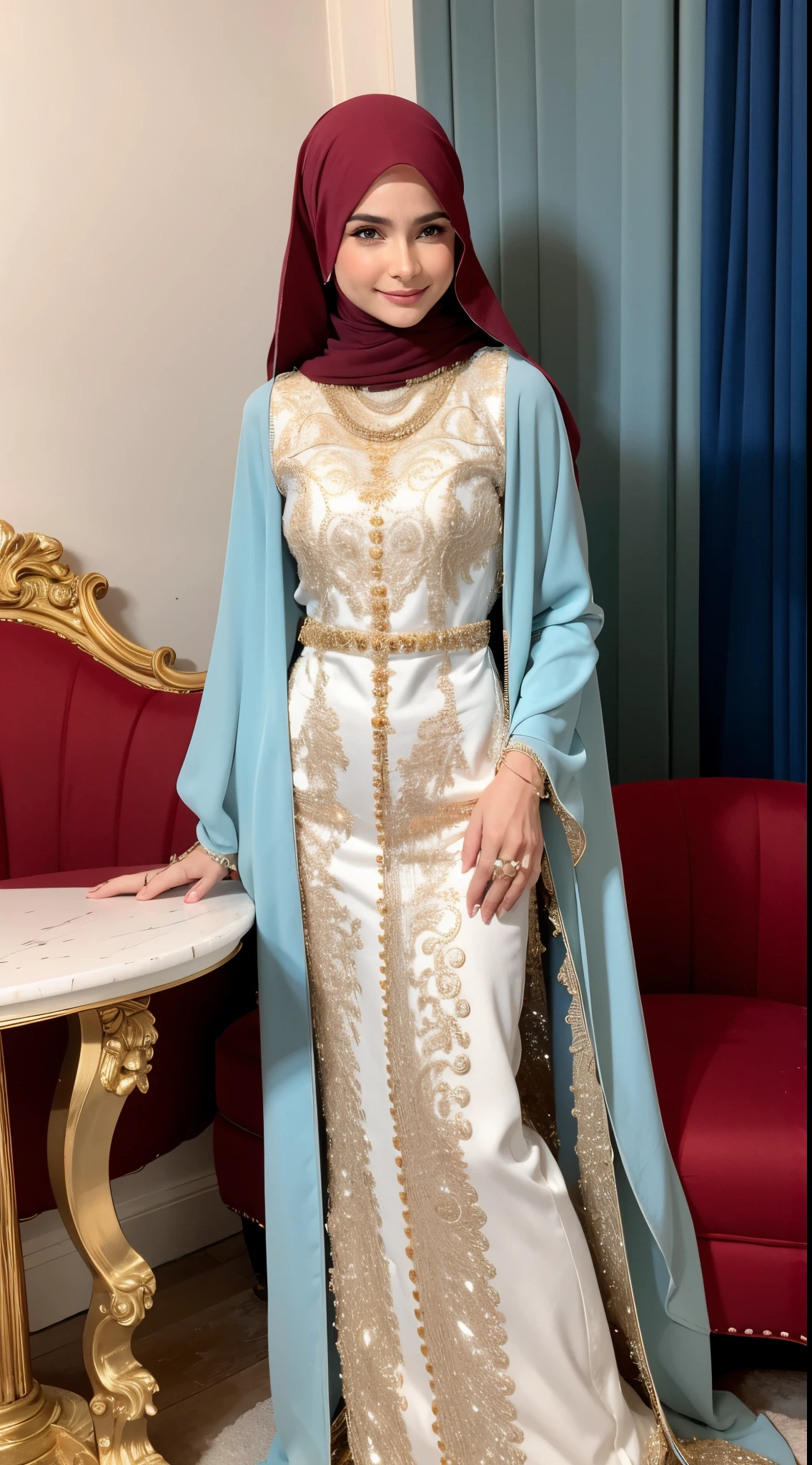 Very Beautiful princesse européenne beauty with long hair super detailed Dynamic outfit caftan marocain couvre son corps entier