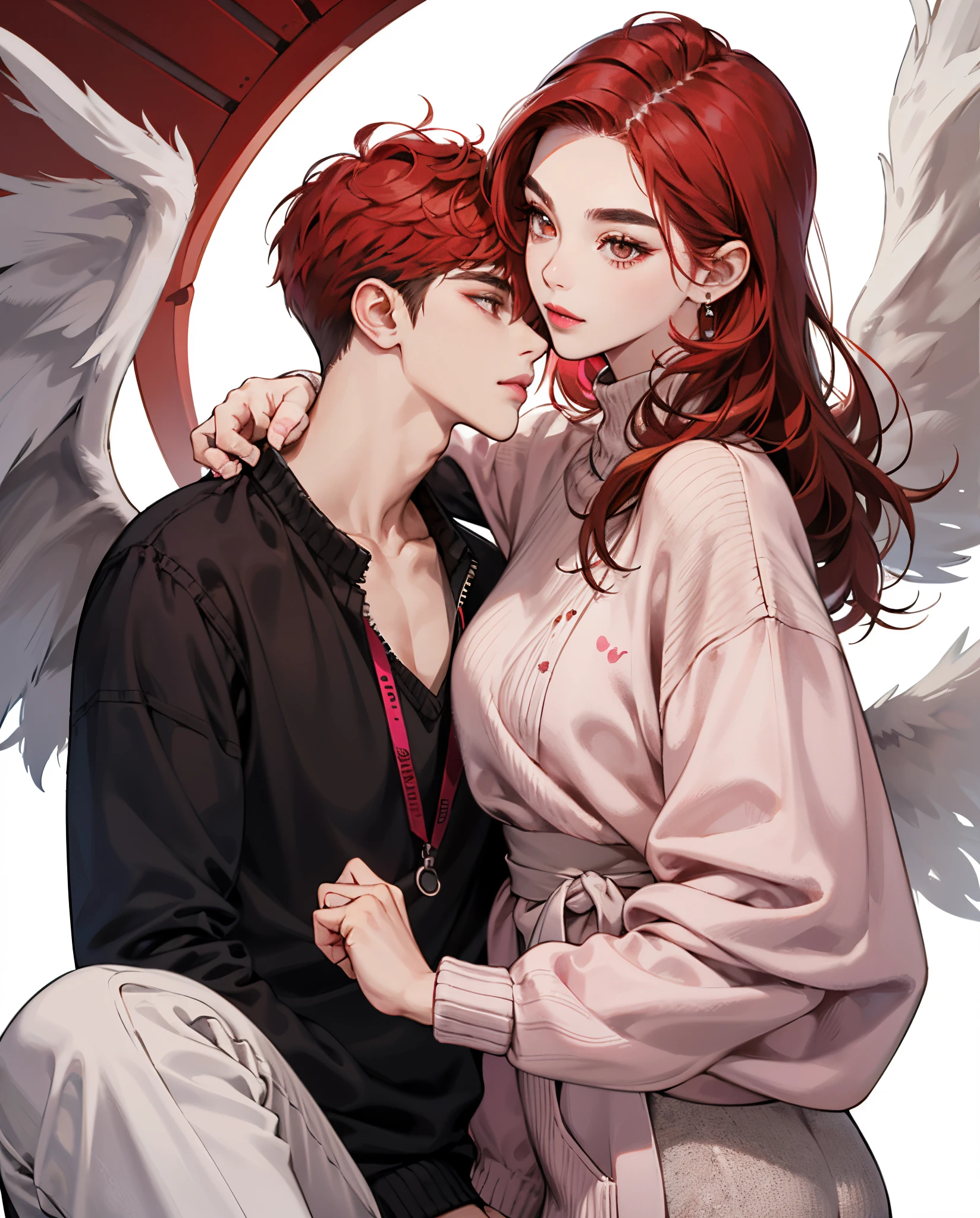 A girl with red hair, with wide, innocent brown eyes, a small drawn nose, and pink lips, wearing a sweater with white wings on it, with a young man with drawn eyes, wide eyebrows, and a sharp look, with a baz-cut hairstyle, with a sweater with white wings on it, and love appears between them.