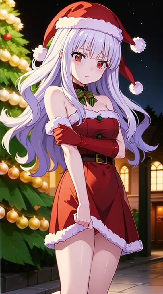 masterpiece, best quality, 1 solo girl, white hair, red eyes, long hair, wavy hair, Christmas ornaments, medium breasts, mature body and face, red christmas dress, christmas, christmas light, christmas tree, red gloves, red santa skirt, holding gift, red bra, red panty, leg up, cowboy shots, sexy pose, dakimakura, detailed body, face, and eyes, sharp focus, vibrant, creative, dynamic, high definition, high resolution, 8k, (Upscale: R-ESRGAN 4x+ Anime6B), (Image enchance:4x), voluptuous body