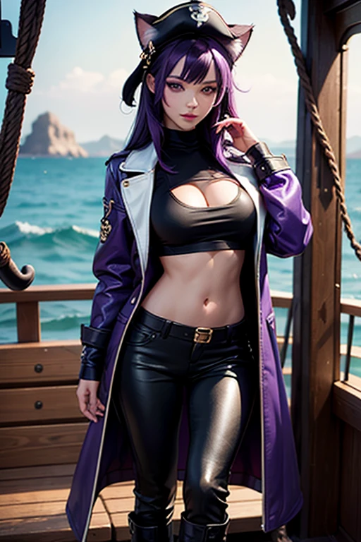 only one woman , There's a pirate woman On the deck of a Pirate Boat, 35 years old, Leather Pants, Boots , tight Shirt, Pirate Hat, Patch on eye, Long Coat , cat ears, Dark purple hair, black hair and purple streaks, cat ears on head, Petits seins, Petite Poitrine, Second life avatar, Beautifullscreenshot, Second life,, full body view, Front view, seductive woman, high quality, Very detailed skin