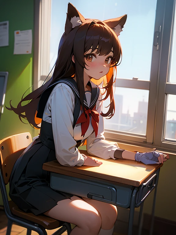 Best quality, (background is a school classroom), 1 girl, sitting on a school chair,((girl is looking at the window:1.3)), (girl is gazing outside from the classroom window), (classroom scene: 1.3), (During class:1.3),black long-sleeved sailor uniform, black pleated skirt, black hair, long hair, young girl, school desk,hands up,elbows on table,face palm,lighting,looking away, frontal angle