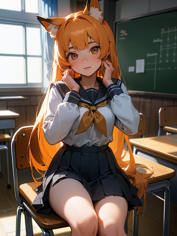 Best quality, (background is a school classroom), 1 girl, sitting on a school chair,((girl is looking at the window:1.3)), (girl is gazing outside from the classroom window), (classroom scene: 1.3), (During class:1.3),black long-sleeved sailor uniform, black pleated skirt, black hair, long hair, young girl, school desk,hands up,elbows on table,face palm,lighting,looking away, frontal angle