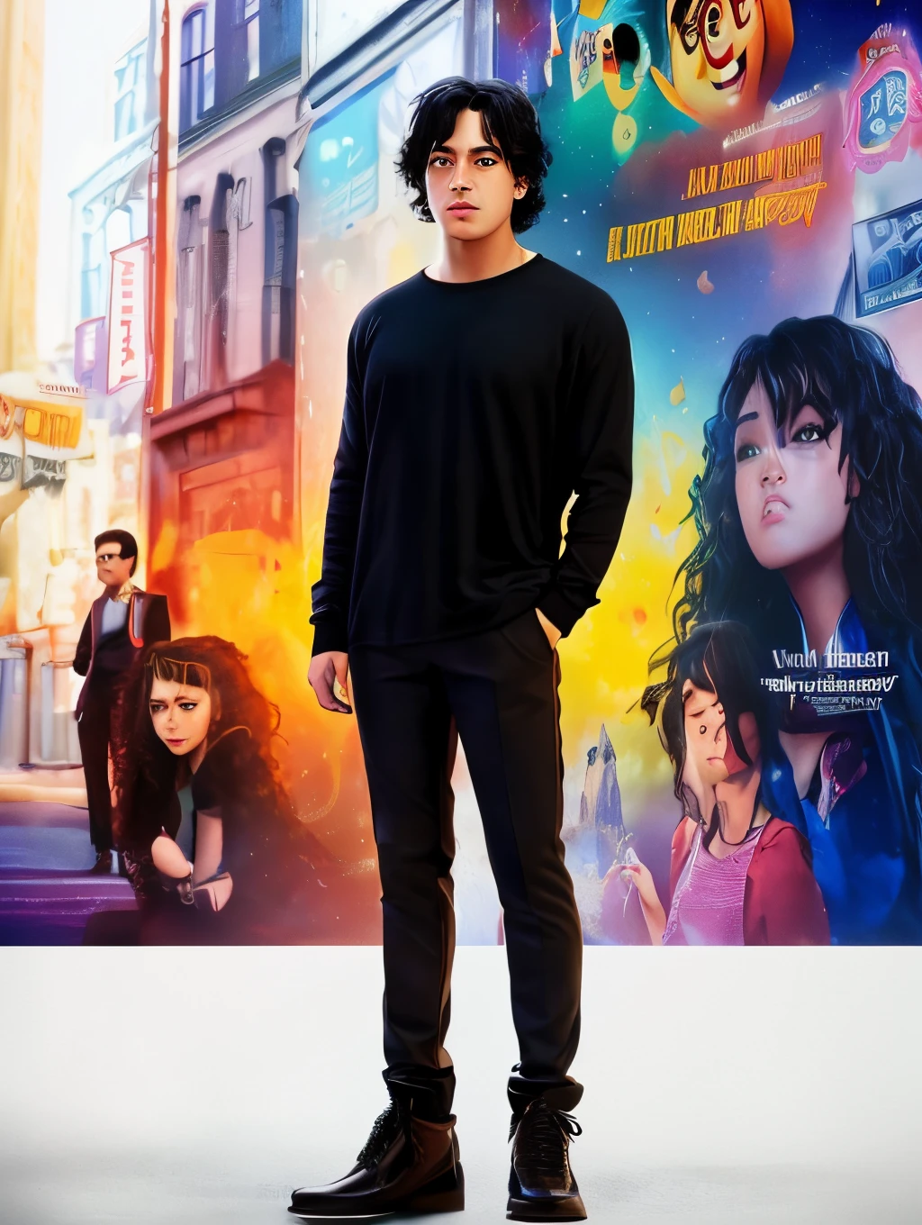 Disney Pixar inspired movie posters. The main focus is a women with a Pixar background. She has long, curly black hair and is wearing a black long sleeve top with a big chest and a black pants. The title is Arisha