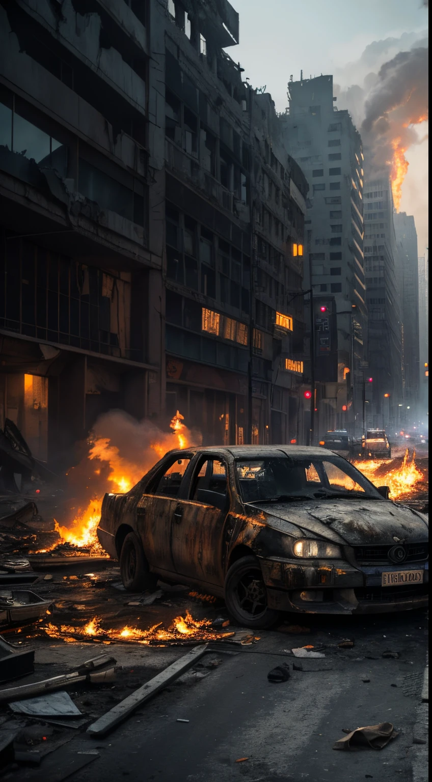 Melhor paisagem jangleChaotic scene in the background with overturned vehicles and burning debris. Lightning illuminates the facades of destroyed buildings, broken windows. Heavy rain falls on enemies.