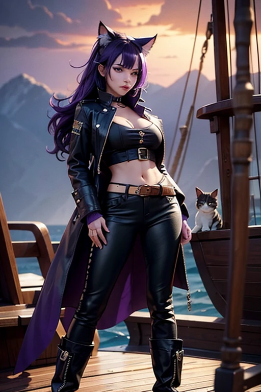 only one woman , There's a pirate woman On the deck of a Pirate Boat, 35 years old, Leather Pants, Boots , tight Shirt, Pirate Hat, Patch on eye, Long Coat , cat ears, Dark purple hair, black hair and purple streaks, cat ears on head, Petits seins, Petite Poitrine, Second life avatar, Beautifullscreenshot, Second life,, full body view, Front view, seductive woman, high quality, Very detailed skin