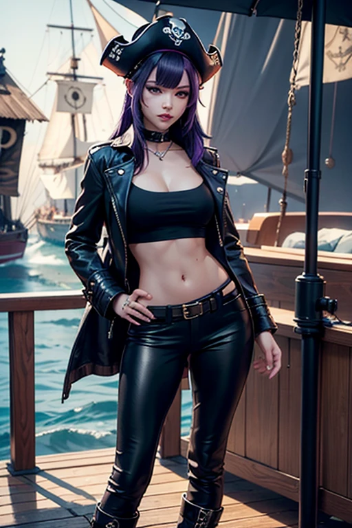 only one woman , There's a pirate woman On the deck of a Pirate Boat, 35 years old, Leather Pants, Boots , tight Shirt, Pirate Hat, Patch on eye, Long Coat , cat ears, Dark purple hair, black hair and purple streaks, cat ears on head, Petits seins, Petite Poitrine, Second life avatar, Beautifullscreenshot, Second life,, full body view, Front view, seductive woman, high quality, Very detailed skin