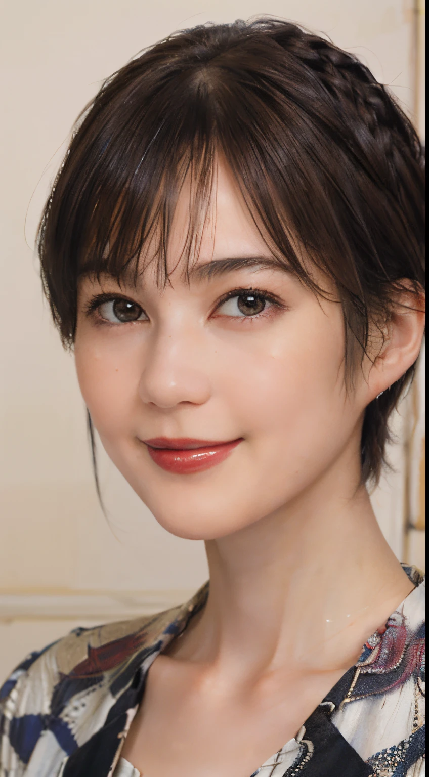 106
(a 20 yo woman,is standing), (A hyper-realistic), (high-level image quality), ((beautiful hairstyle 46)), ((short-hair)), (Gentle smile), (Keep your mouth shut), (painting is trompe l&#39;oeil), ((trickart:1.46)), (lipsticks), brest