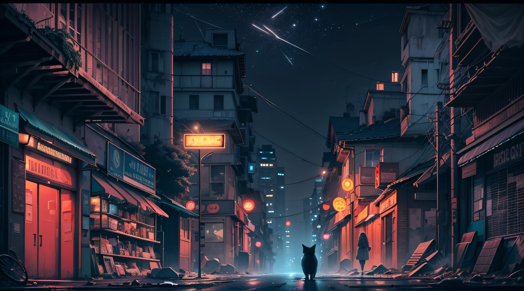 (best quality,4k,8k,highres,masterpiece:1.2),ultra-detailed,realistic:1.37,lonely little cat in a huge hostile nighttime metropolis,illustration,dark and gritty style,vibrant colors,city lights,cold concrete jungle,neon signs,abandoned buildings,dense fog,shadows,ominous atmosphere,mysterious alleyways,distant sirens,uneasy silence,sleek and modern architecture,wanderlust,narrow streets,twinkling stars,lonely streetlamp,lonely figure walking in the distance