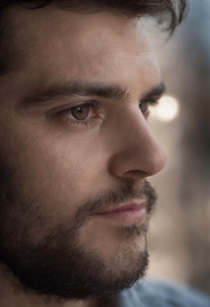 Rostro de hombre serio, rudo, mitad derecha del rostro iluminada, mitad izquierda del rostro, oscura no visible