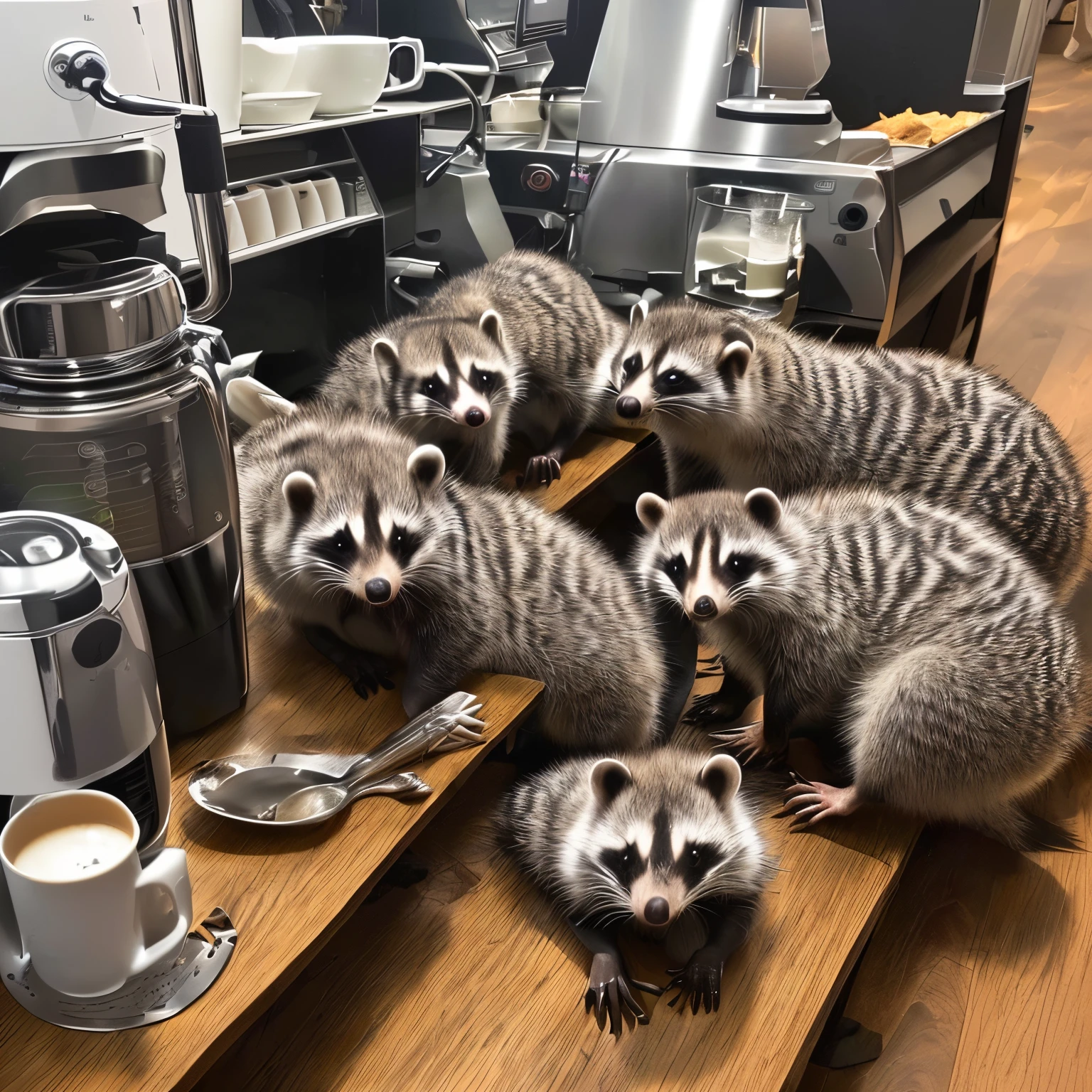 Raccoons working in a coffee shop serving a group of opossums