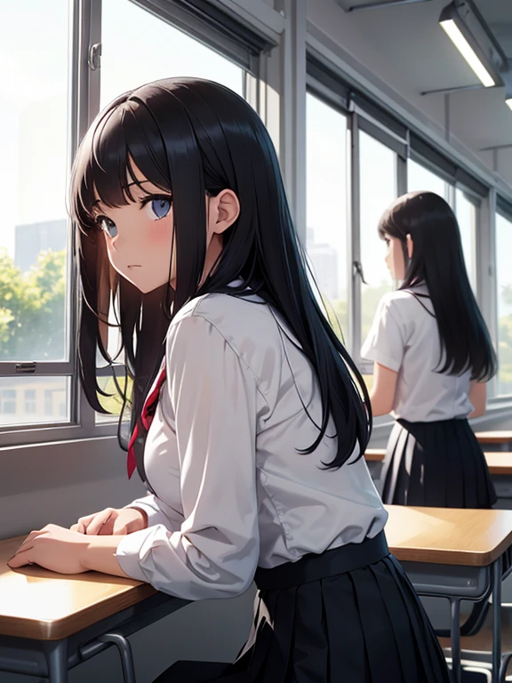 Best quality, (background is a school classroom), 1 girl, sitting on a school chair,((girl is looking at the window:1.3)), (girl is gazing outside from the classroom window), (classroom scene: 1.3), (During class:1.3),black long-sleeved sailor uniform, black pleated skirt, black hair, long hair, young girl, school desk,hands up,elbows on table,face palm,lighting,looking away