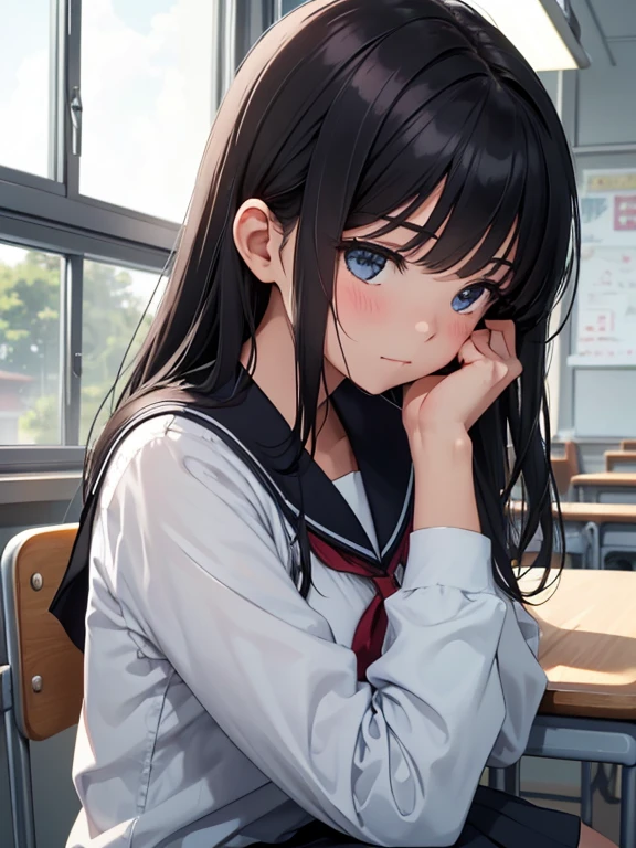 Best quality, (background is a school classroom), 1 girl, sitting on a school chair,((girl is looking at the window:1.3)), (girl is gazing outside from the classroom window), (classroom scene: 1.3), (During class:1.3),black long-sleeved sailor uniform, black pleated skirt, black hair, long hair, young girl, school desk,hands up,elbows on table,face palm,lighting,looking away